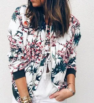 Wenkouban 2023 Autumn New Plus Size Printed Bomber Jacket Women Pockets Zipper Long Sleeve Coat Female Flower Chiffon White Jacket Woman