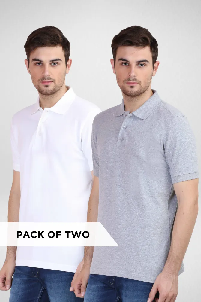 White and Grey Melange Polo T-Shirts Combo for Men