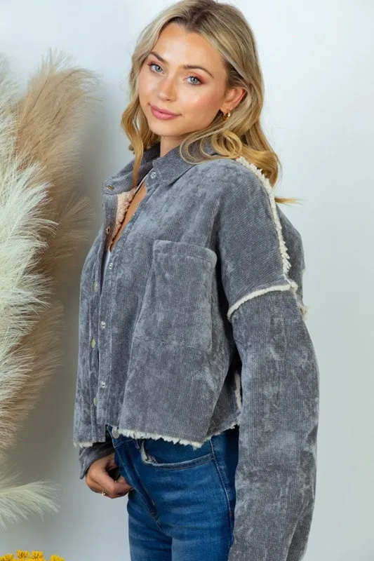 White Birch Corduroy Sherpa Crop Jacket - Charcoal