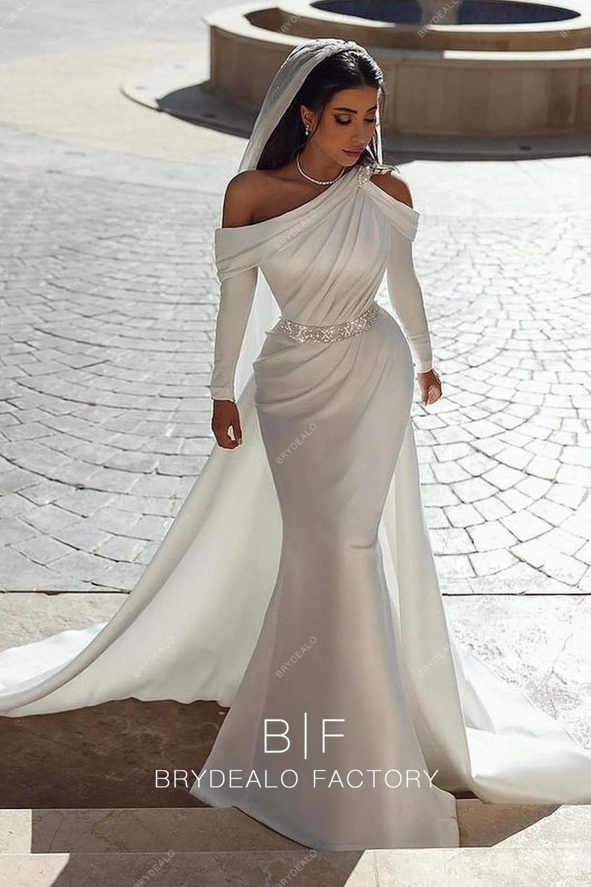 White Satin Classic Cold Shoulder Grecian Mermaid Bridal Dress