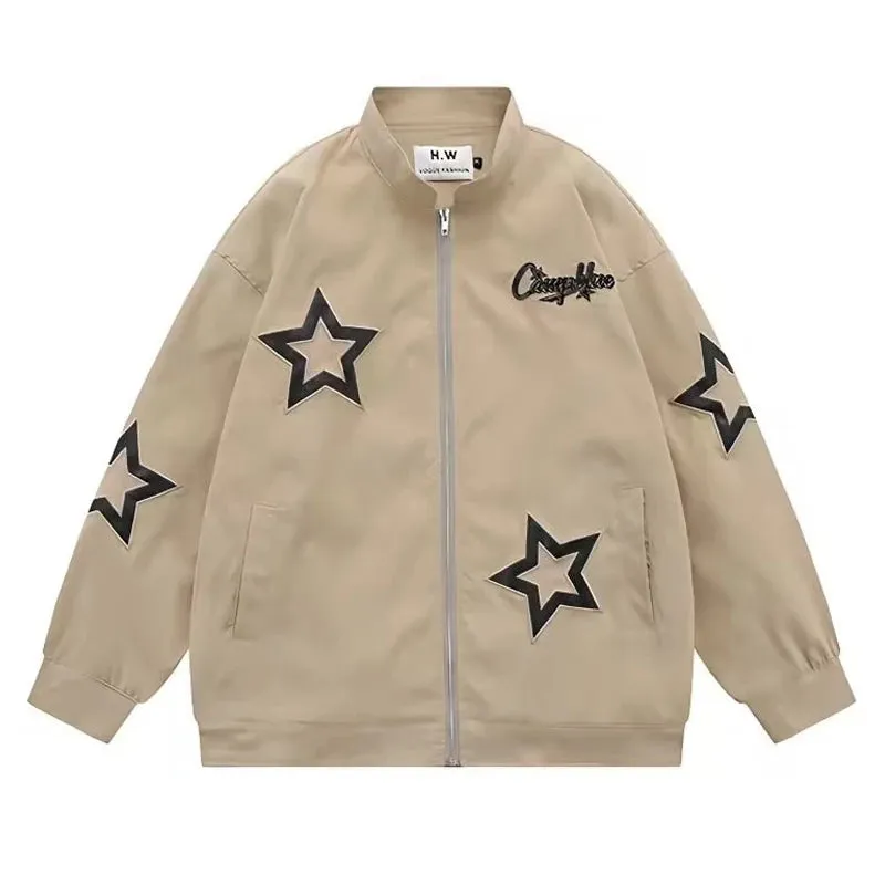 Wiaofellas  -  Retro Bomber Jacket Men Women Star Embroidery Street Baseball Jackets Y2K Street Hip Hop Couple Loose Taped Coat New Autumn