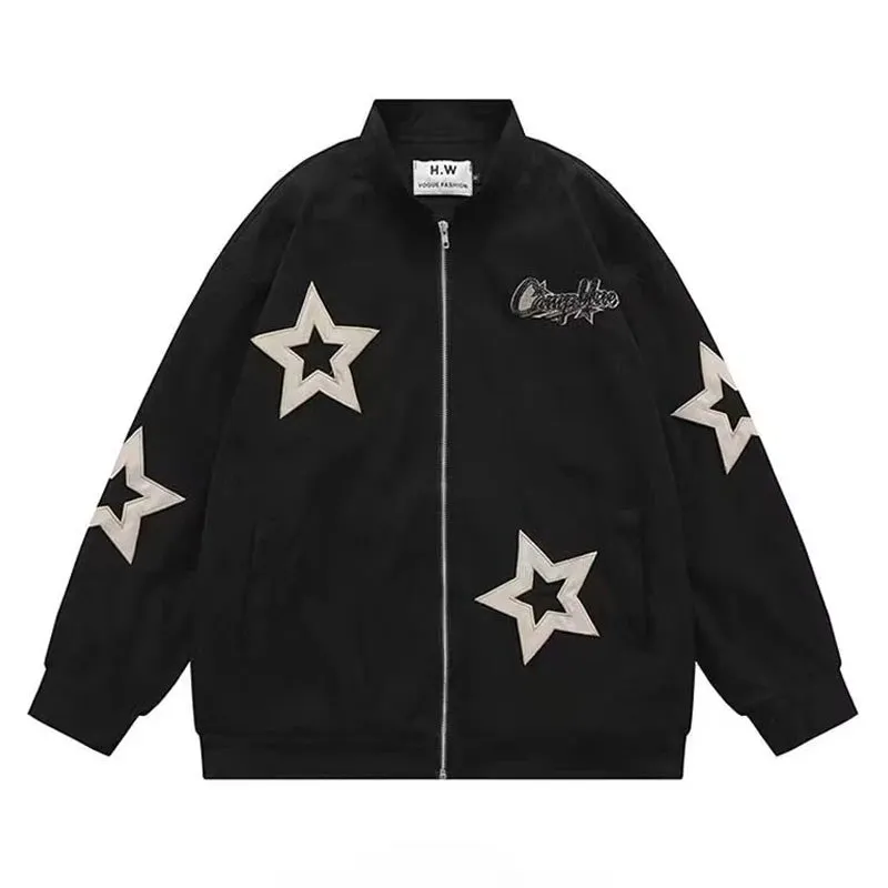 Wiaofellas  -  Retro Bomber Jacket Men Women Star Embroidery Street Baseball Jackets Y2K Street Hip Hop Couple Loose Taped Coat New Autumn