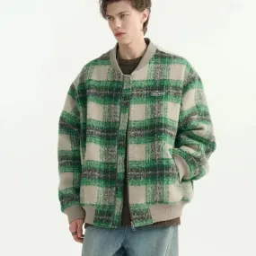 Wiaofellas  -  Retro Plaid Baseball Jacket Men Women Loose Casual Woolen Jacket Bomber Loose Zip Up Coat Spring Autumn Korean Style Outwear