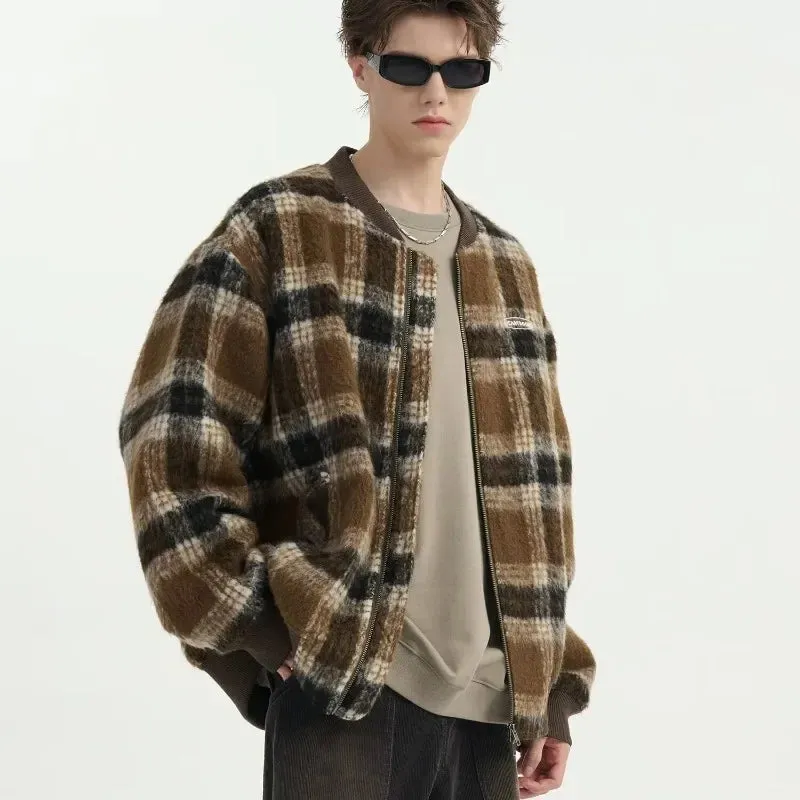 Wiaofellas  -  Retro Plaid Baseball Jacket Men Women Loose Casual Woolen Jacket Bomber Loose Zip Up Coat Spring Autumn Korean Style Outwear