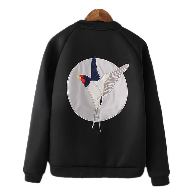 Women Embroidery Birds Bomber Jacket