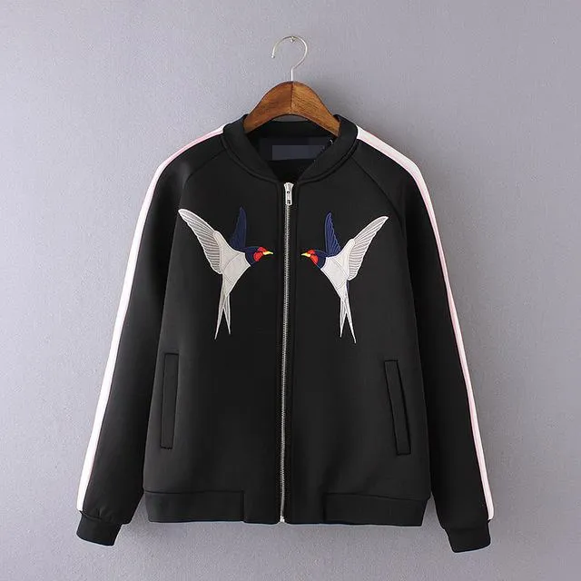 Women Embroidery Birds Bomber Jacket