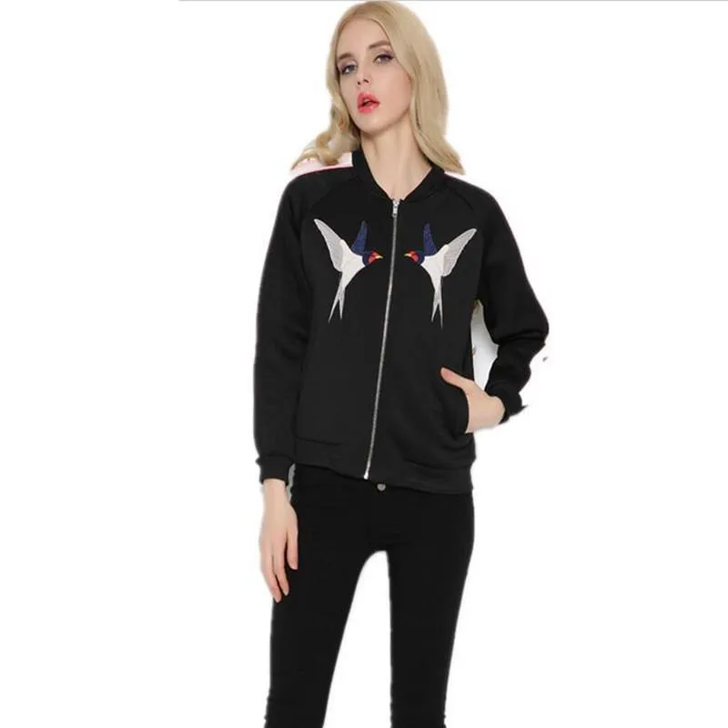 Women Embroidery Birds Bomber Jacket