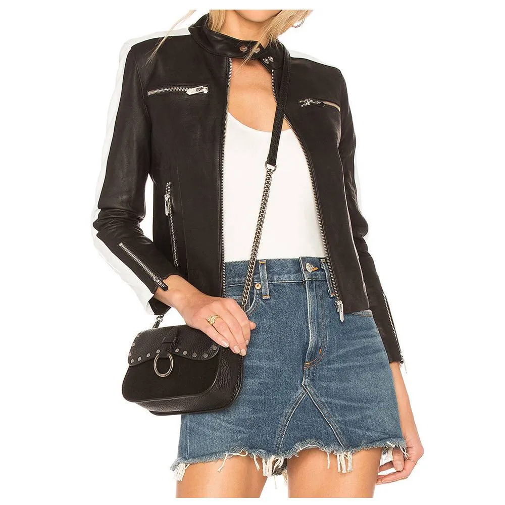 Women Genuine Leather Front Zip Jacket