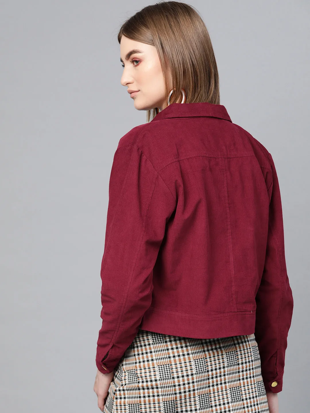 Women Maroon Corduroy Bomber Jacket