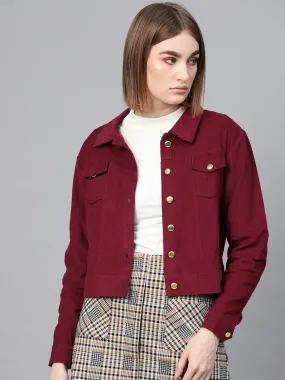 Women Maroon Corduroy Bomber Jacket