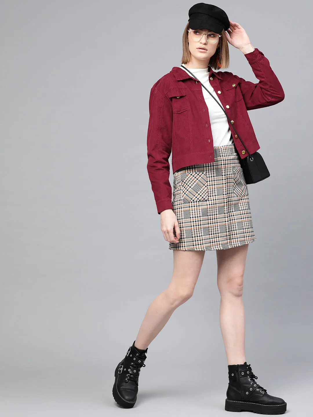 Women Maroon Corduroy Bomber Jacket