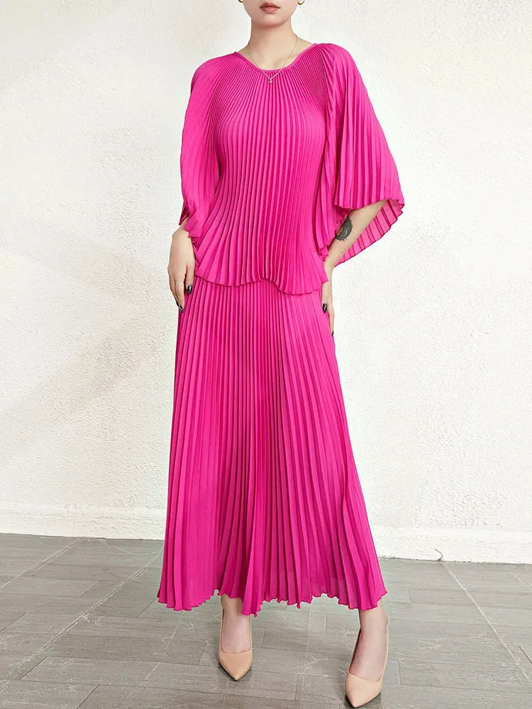 Women's 2 Piece Pink Pleats Please Long Skirt Set