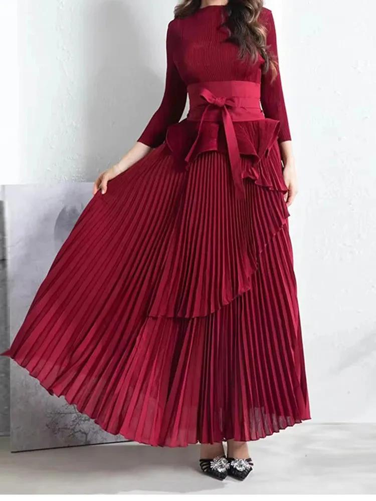 Women's 2 Piece Top & Tiered Pleated Maxi Skirt Set