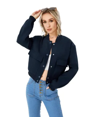 Women's Lightweight Cropped Bomber Jacket Casual Long Sleeve Varsity Jacket With Pocket Fashion Y2k Jacket Streetwear