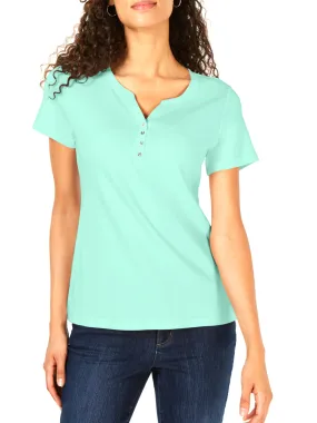 Women's Plain Solid Henley Top,Light Green