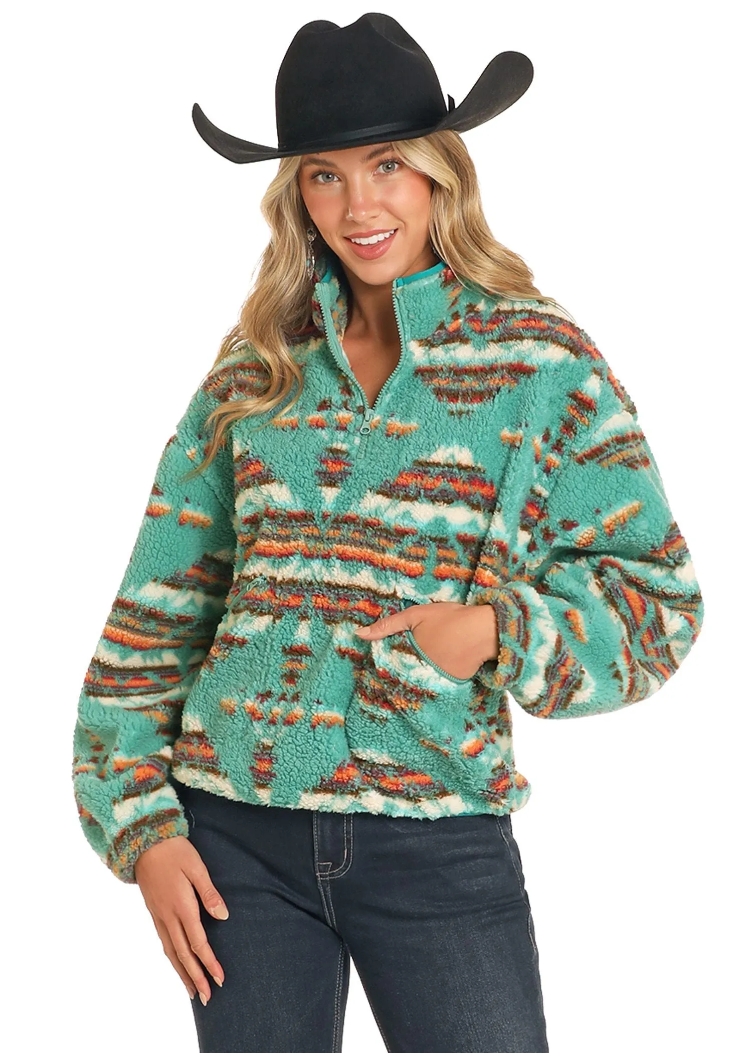 Women's Rock & Roll Aztec Print Sherpa 1/4 Zip Sweatshirt