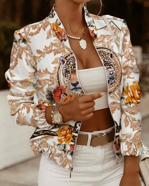 Women's Stand Collar Zip Up Floral Prints Bomber Jacket