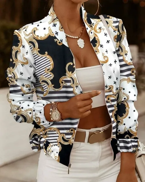 Women's Stand Collar Zip Up Floral Prints Bomber Jacket