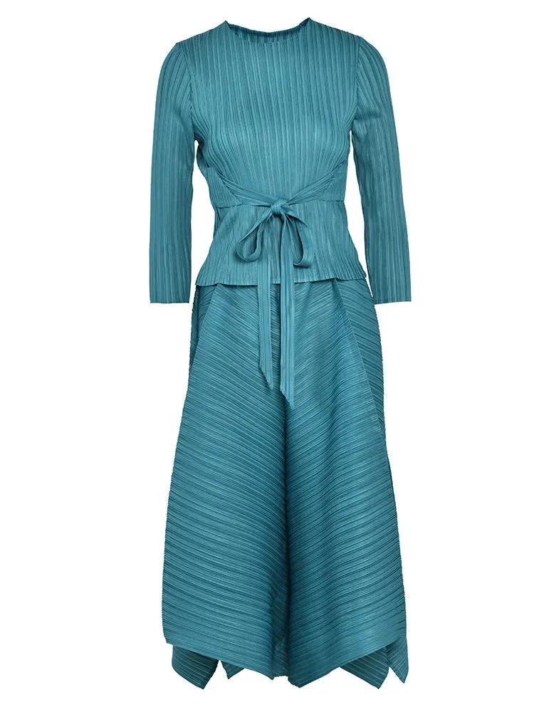 Women's Turquoise Casual Chic Pleated Two-Piece Set