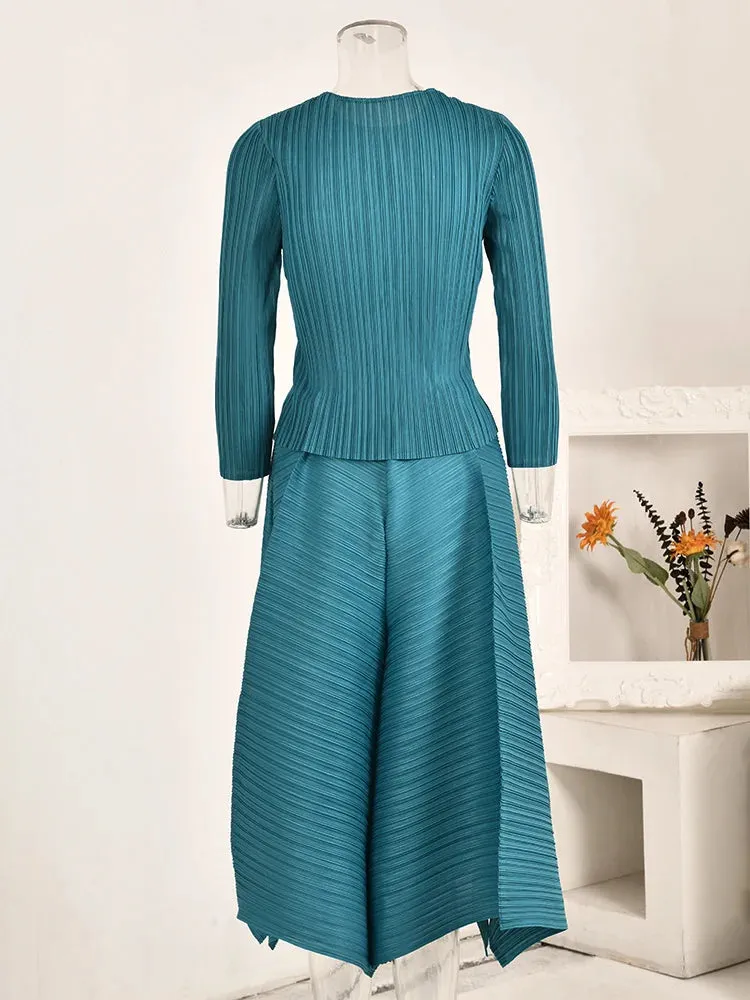 Women's Turquoise Casual Chic Pleated Two-Piece Set