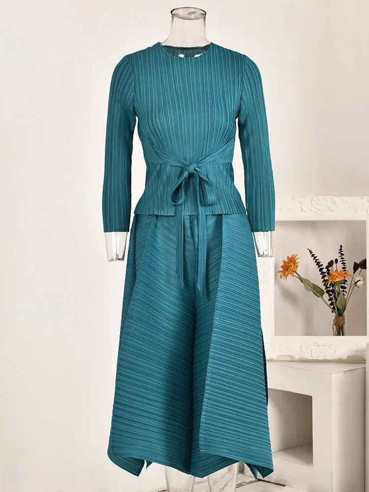 Women's Turquoise Casual Chic Pleated Two-Piece Set