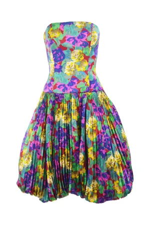 Womens Vintage Silk Pleated Floral Dress, Fall 1988