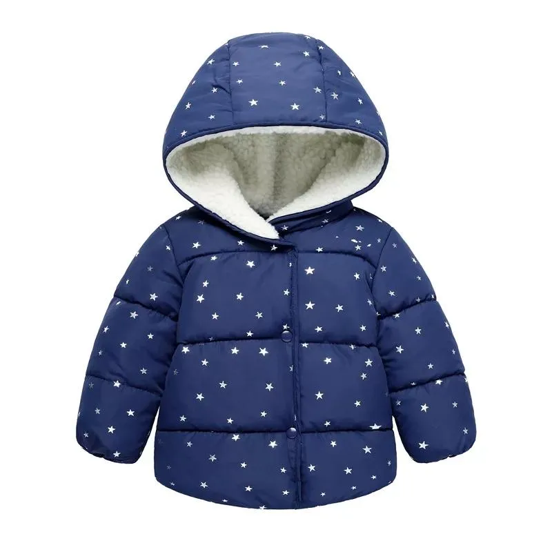 ZJH Silver Stars Sherpa Hooded Navy Blue Puffer Jacket 7653